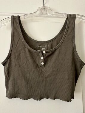 American Eagle Outfitters Olive Ribbed Henley Crop Tank Top